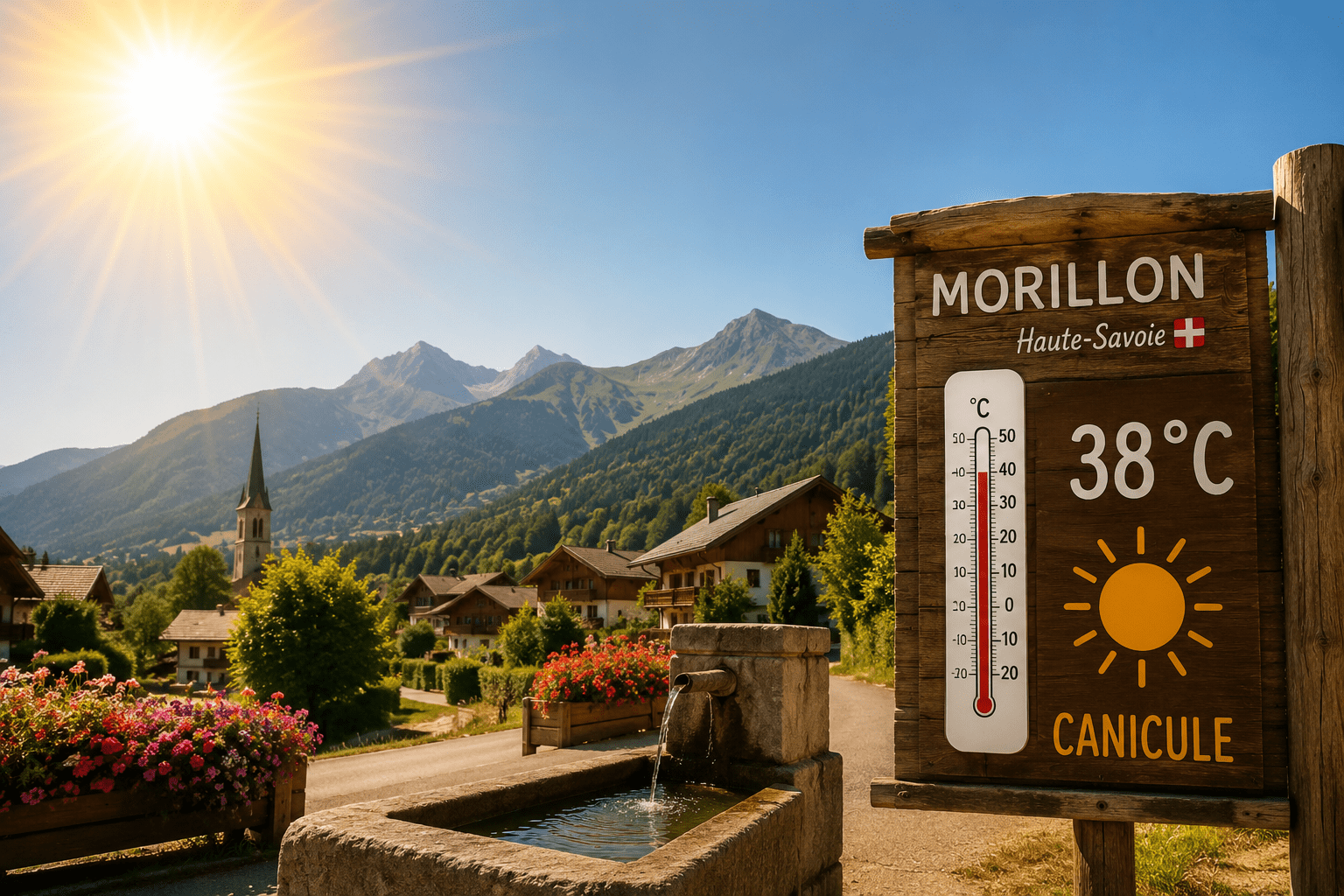 Famille cherchant la fraîcheur à Morillon pendant une journée très chaude, avec ombre, eau et montagne en été.