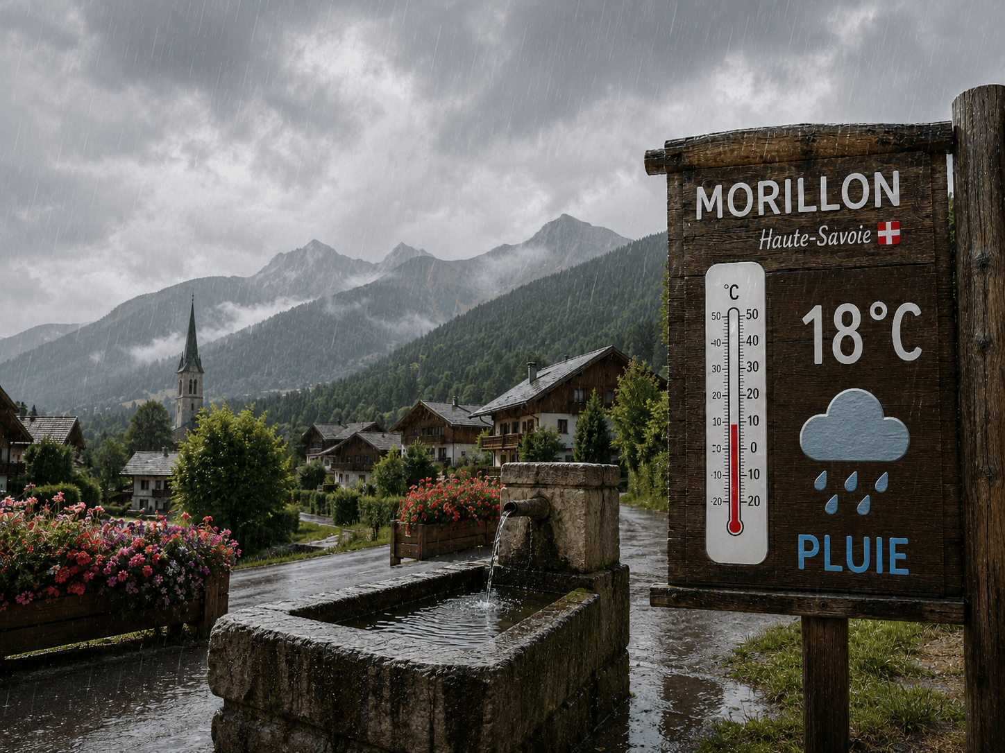 Pluie d’été sur Morillon avec vallée verte et montagnes, pour adapter ses activités quand la météo devient instable.