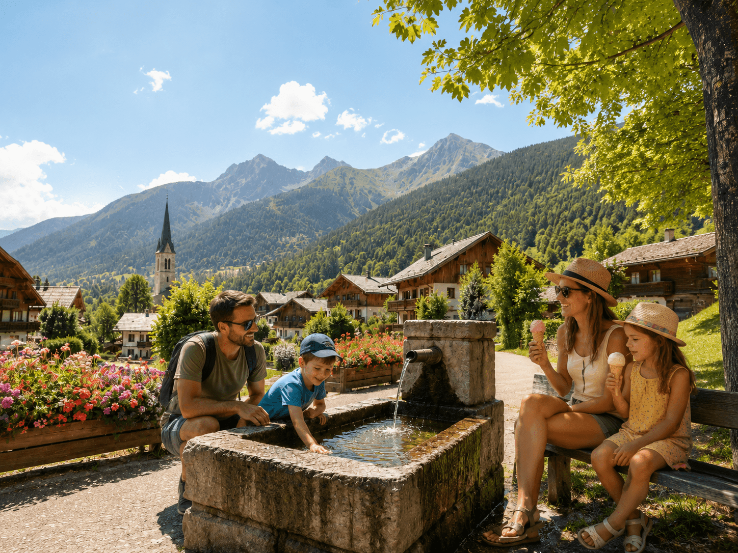 Famille profitant d’une zone ombragée près du Lac Bleu à Morillon lors d’une journée chaude en montagne.