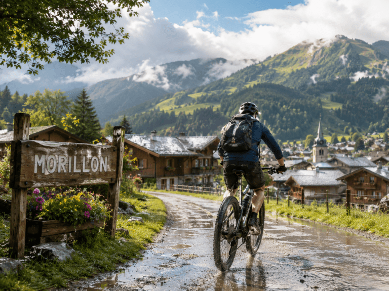 VTT près d’un sentier humide à Morillon après la pluie, avec terrain boueux à vérifier avant de rouler.