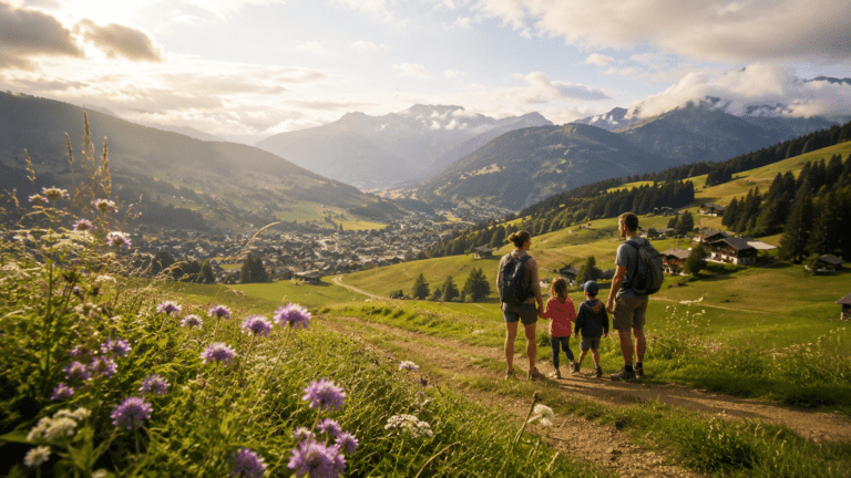 Famille en balade sur un sentier de montagne à Morillon, entre prairie fleurie, éclaircies et nuages sur le Grand Massif.