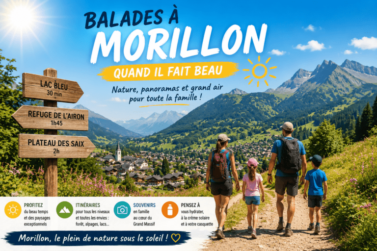 Sentier de balade à Morillon par beau temps, entre prairie, forêt, village et vue dégagée sur les montagnes.