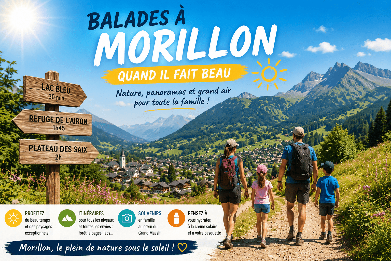 Sentier de balade à Morillon par beau temps, entre prairie, forêt, village et vue dégagée sur les montagnes.