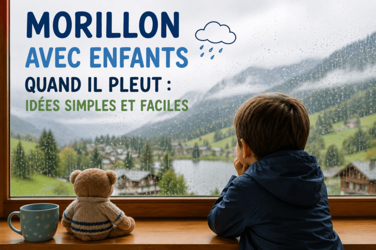 Enfant regardant la pluie depuis une fenêtre avec vue sur les montagnes de Morillon, idée d’activité familiale par mauvais temps.