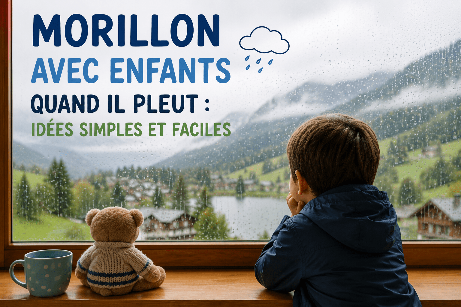 Enfant regardant la pluie depuis une fenêtre avec vue sur les montagnes de Morillon, idée d’activité familiale par mauvais temps.