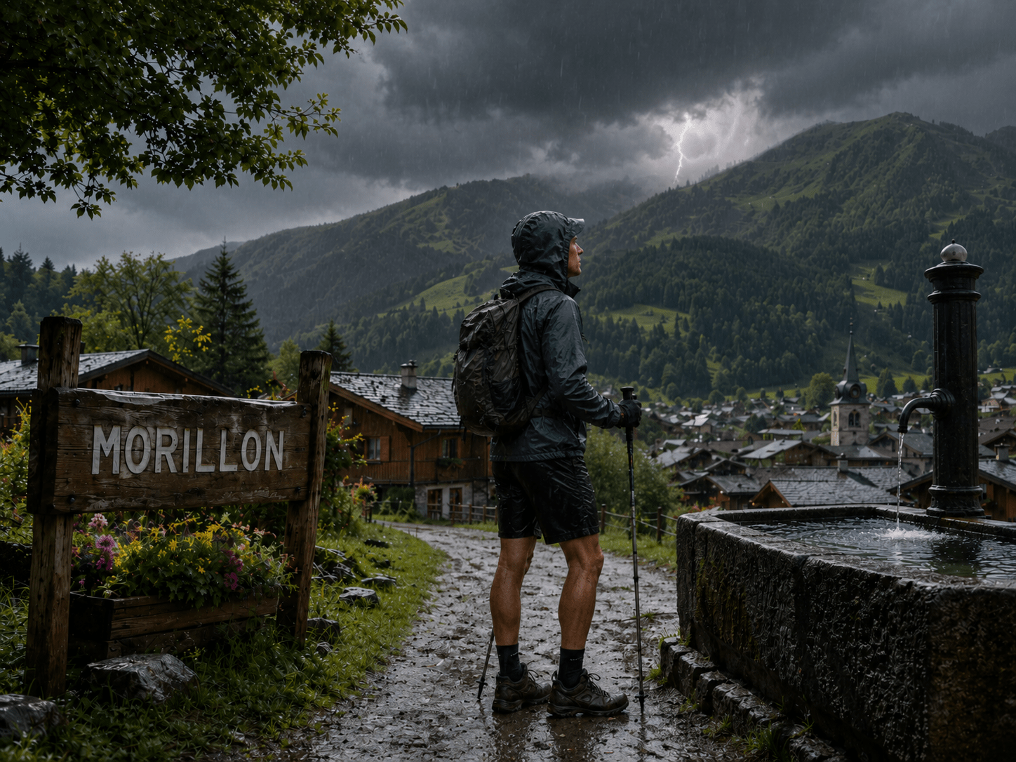 Randonneurs près de Morillon face à un ciel orageux, prêts à raccourcir leur sortie par prudence.