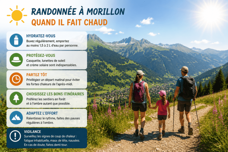 Randonneurs à l’ombre près de Morillon lors d’une journée chaude, avec gourdes et départ matinal conseillé.