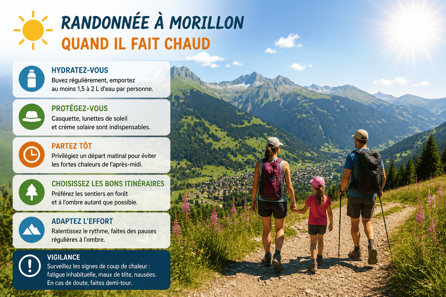 Randonneurs à l’ombre près de Morillon lors d’une journée chaude, avec gourdes et départ matinal conseillé.